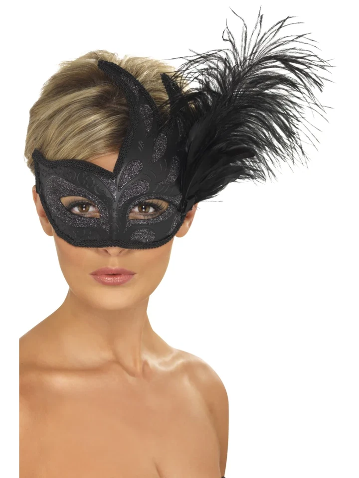 Schwarze Ornate Kolumbianische Augenmaske Mit Feder Maskerade Festliches Kleid - Bild 1 von 1