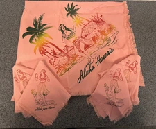 Vintage Pink Coral Tablecloth Napkin Set ALOHA Hawaii Hula Girl Islands