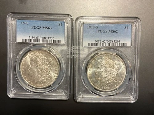 (2) PCGS Morgan Silver Dollar 1890 MS63 & 1878-S MS62  $1 Coins NICE SET!