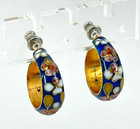 Pierced Earrings Gold Tone Blue Enamel Cloisonne Floral Half Hoop Stud Vintage