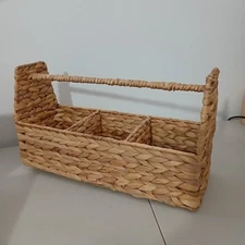 Wicker Hyacinth Large Utensil Carrier Caddy Holder w/3 Slots and Handle 15x8x5