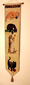 Vintage CURIOUS KITTIES Cat Bell-Pull Picken Tapestry/Wall Scroll w/Tassel - 40”