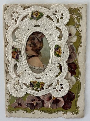 Victorian Embossed Die-Cut Woman Portrait Greeting Card Floral Frame