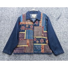 VTG Patchwork Bohemian Denim Jacket Size LG Floral Artsy Hippie Embroidered