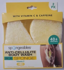 2 Pack Spongeables Anti-Cellulite Body Wash Sponge Vitamin C Caffeine 40+ Washes