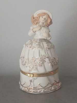 Vintage Porzellan Dame Schmuckschatulle aufklappbar Figur Schmuckhalter Gold Detail