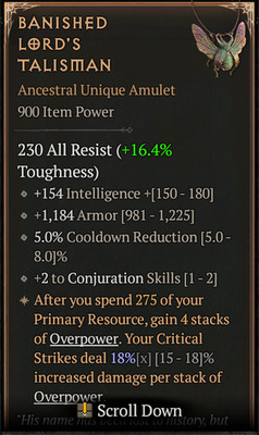   DIABLO 4 SEASON 13   Banished Lord's Talisman  Ancestral Unique Amulet