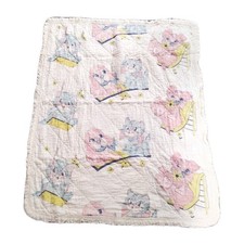 Vintage Baby Blanket Cotton Quilted Crib Quilt Pastel Puppy Kitten Bear 4Ox32  