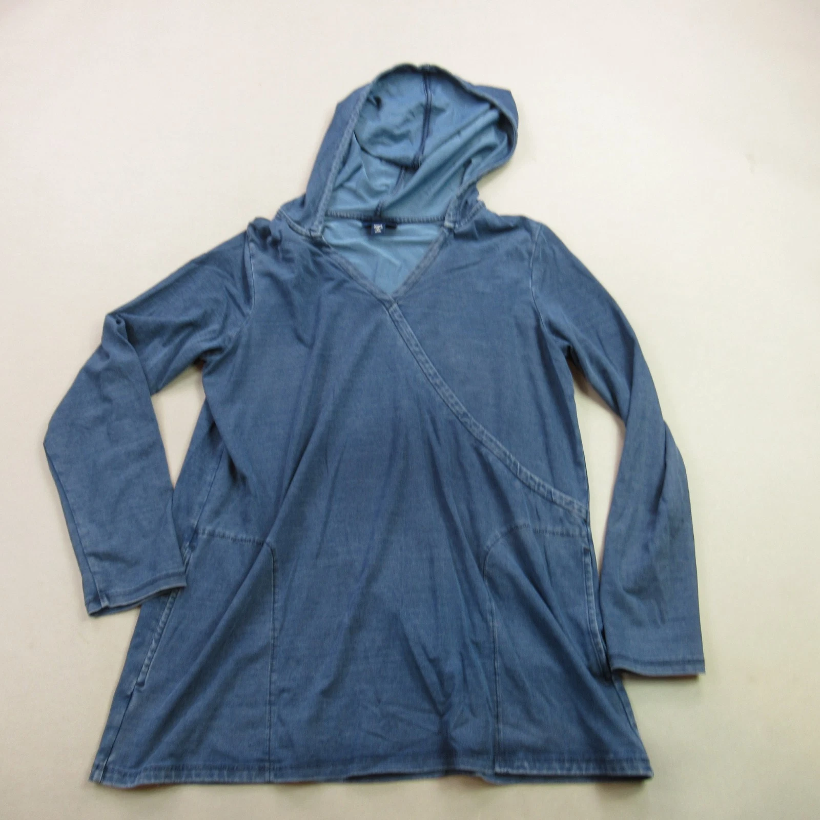 J Jill Hoodie Womens XS Petite Long Sleeve Pullover Hooded V Neck Blue