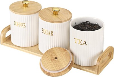 3 Pa Ceric Canister Set with Bboo Lids and Handle Tray, Coffee Tea