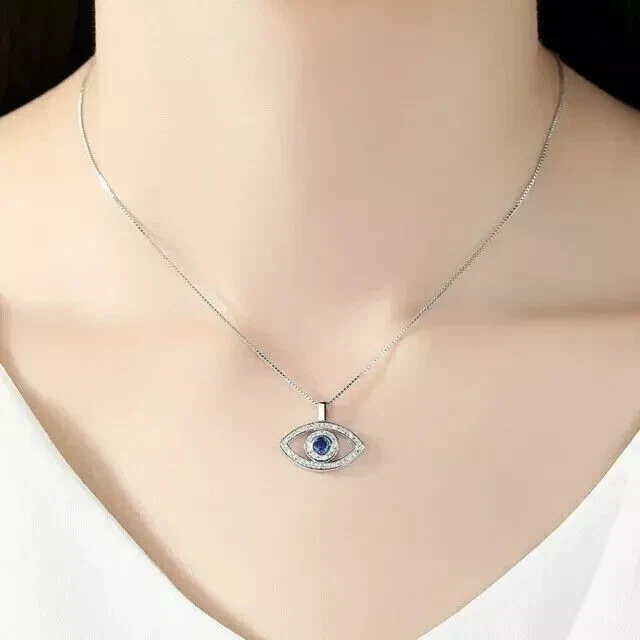 Colgante Mal de Ojo Chapado en Oro Blanco 14K 2.1Ct Corte Redondo Creado en Laboratorio Zafiro Azul Foto 3 de 4