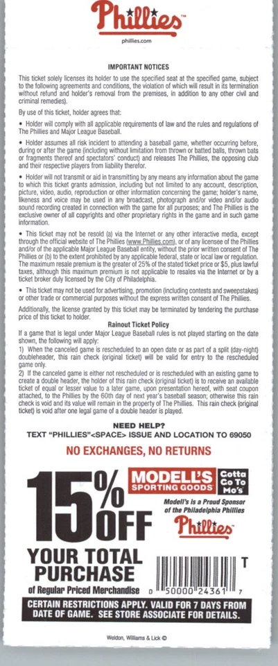 Boleto Jonathan Papelbon Cardenales de San Luis vs Filis de Filadelfia 18/04/2013 Foto 2 de 2