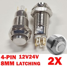 2x 8mm White Metal Push Button Switch 4Pin LED Latching Self Locking Waterproof