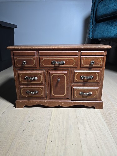 Vintage Holz Musik Schmuckkästchen 4 Schubladen, Top Lift und mittlerer Ring Halter FUNKTIONIERT