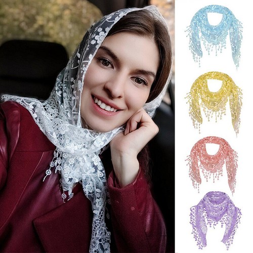Women Girls Lace Sheer Floral Triangle Veil Scarf Shawl Head Wrap Tassel Scarves - Picture 6 of 43