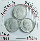 Lot of 3 Roosevelt Dimes 1960-1961-1964 90% Silver VG Condition Look & Judge GEM
