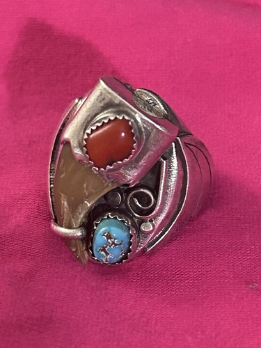Vintage Indianer Sterlingsilber Türkis und Koralle Kralle Ring Größe 9,5 - Bild 7 von 8
