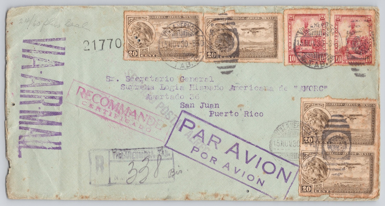 1930 Mexico Registered Airmail to Puerto Rico – AMORC Rosicrucian Cover