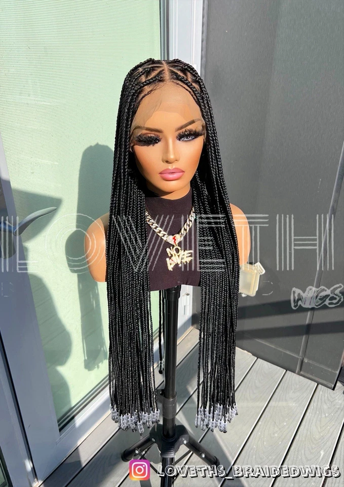 Se envía al día siguiente (ENVÍO 2 DÍAS) Peluca trenzada de encaje completo Cornrow, trenza negra sin nudos Foto 3 de 4