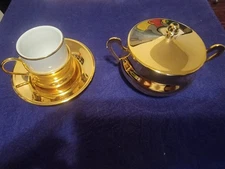 VTG IPA PORCELLANE ESPRESSO Cups w/ Brass Holders, Plates, and Sugar dish...