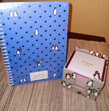 Vera Bradley Playful Penguins Mini Notebook w/ Pocket & Note Cube Set Blue
