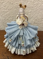 Dresden Porcelain Lace Figurine Seated Lady With Fan 3.5” Blue Dress Germany