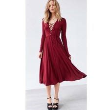 Urban Outfitters Ecote Burgundy Red Plunging Lace Up Milkmaid Midi Dress SZ S
