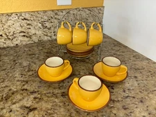 Yellow Ceramic Espresso Cup & Saucer Set for 6 w/ Retro Style Coffee IMUSA