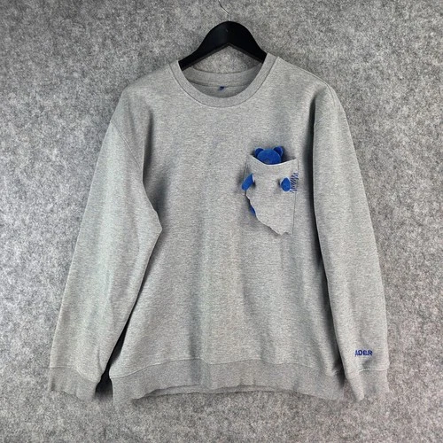Ader Error Jumper Mens A3 Large Grey 3D Bear Pocket Plush Sweatshirt Crew Neck
