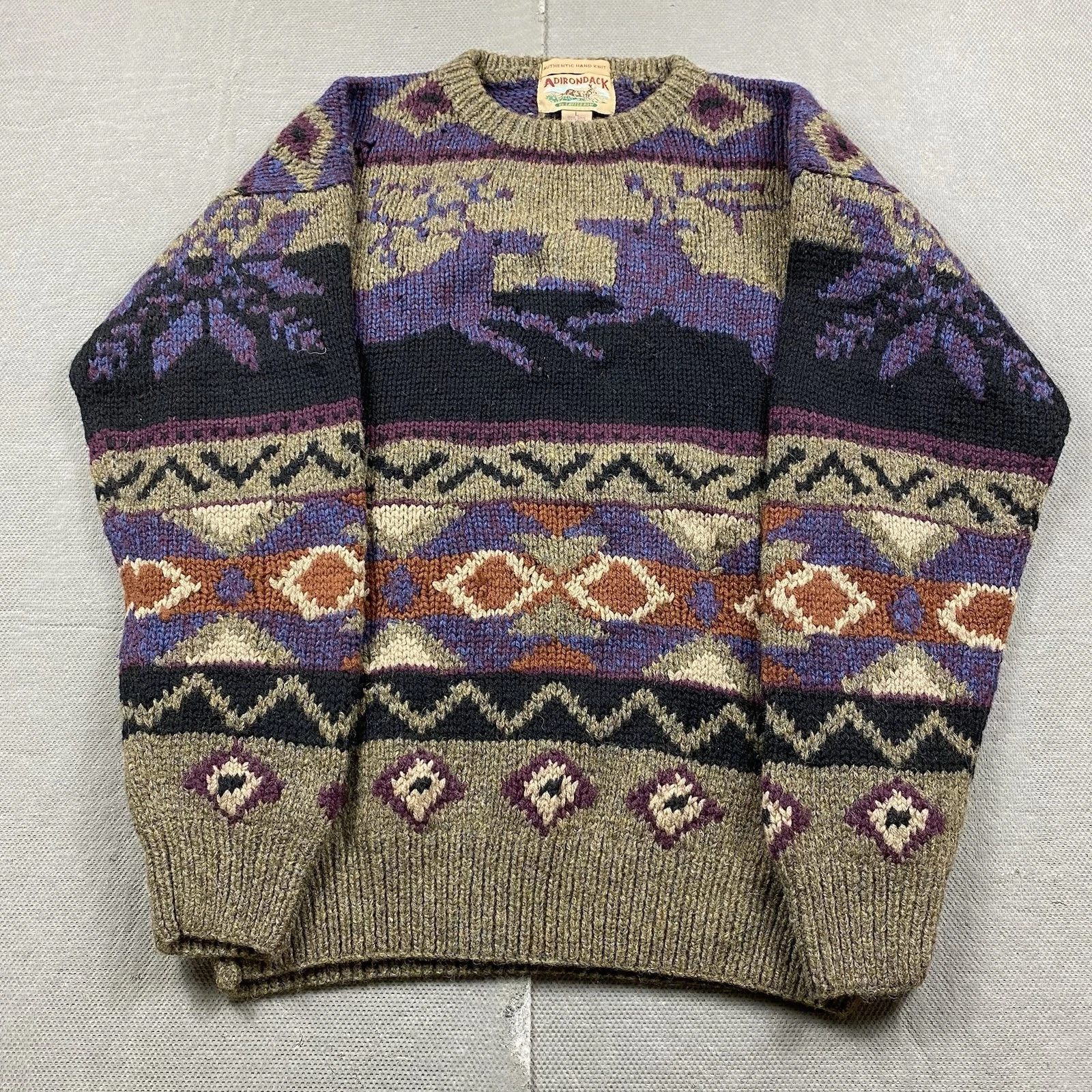 Vintage Adirondack Sweater Mens Large Hand Knit 100% Wool Aztec Deer Fair Isle
