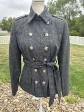 J. Peterman Charcoal Grey Wool Double Breasted Belted Military Blazer Jacket 4 S