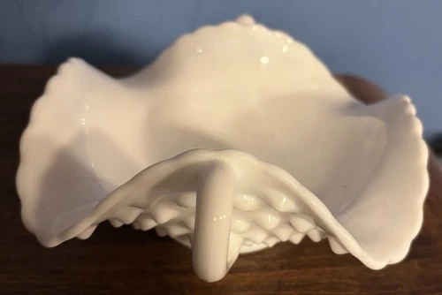Vintage Small White Fenton Hobnail Milk Glass Ruffled Bowl with 2 handles
