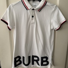 Burberry London England White Boys Polo Shirt With Navy Logo Blue Red Trim 10Y