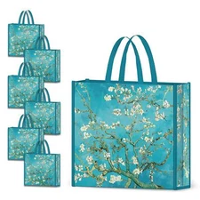6 Pack Grocery Bags Reusable Almond Blossoms Shopping Bags Waterproof Tote Ba...