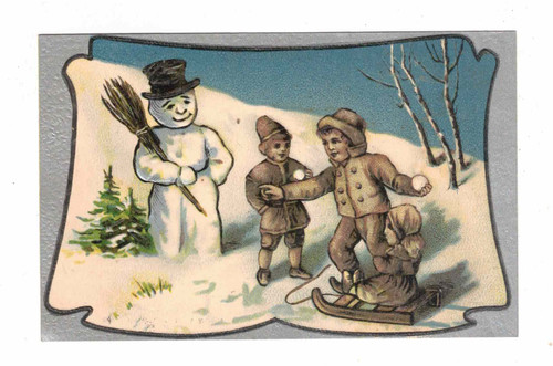 Vintage Postcard - c1905 - Children & Snowman. Embossed.