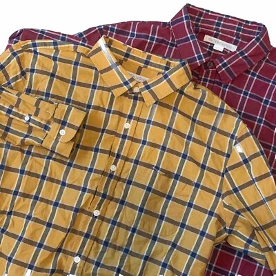 Lot 2 Outerknown Shirts Men Large Button Up Plaid Preppy Yellow Organic Cotton