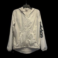 Adidas Jacket Womens Small White Large Logo Black Full Zip Hooded Windbreaker