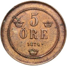 Schweden - K&ouml;nig Oskar II. - M&uuml;nze - 5 &Ouml;re Oere 1874 - ERHALTUNG !