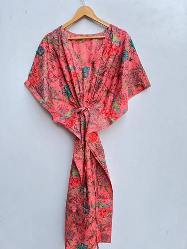 Indian Vintage 100% Cotton Long Beach Maxi Kaftan Dress One Size Caftan Kimono - Image 1
