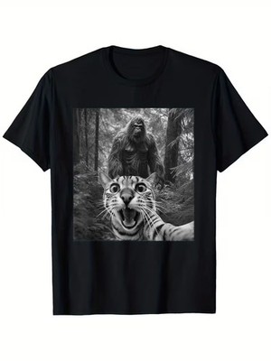 Funny Sasquatch & Scared Cat Selfie T-Shirt - Soft Cotton, Casual Fit, Round Nec