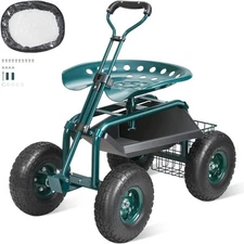 Rolling Garden Cart with Seat and Wheels Extendable Steer Handle Green