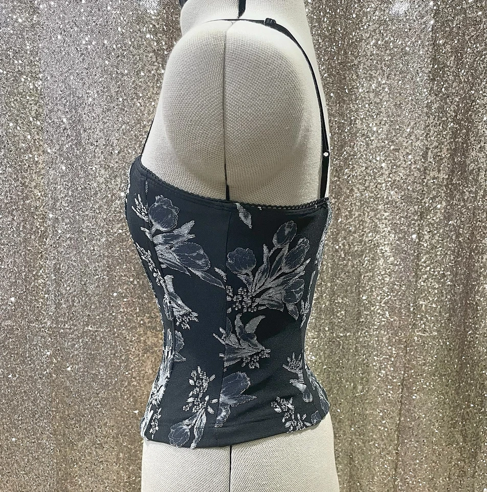 Vintage 90s Y2K Wet Seal Black Floral Corset Top Cami Whimsigoth Emo Club Medium - Image 3 of 4