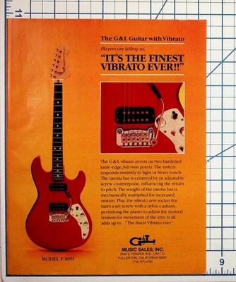 Vintage G&L Guitar F-1001 Vibrato Ad Fullerton California Leo Fender Era