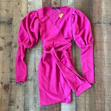 Bohoo Pink Scuba Puff Sleeve Wrap Mini Dress With Belt Size 2