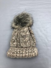 Cable Knit Hat Beanie Fitted Womens One Size Brown Faux Fur Pom Winter Warm