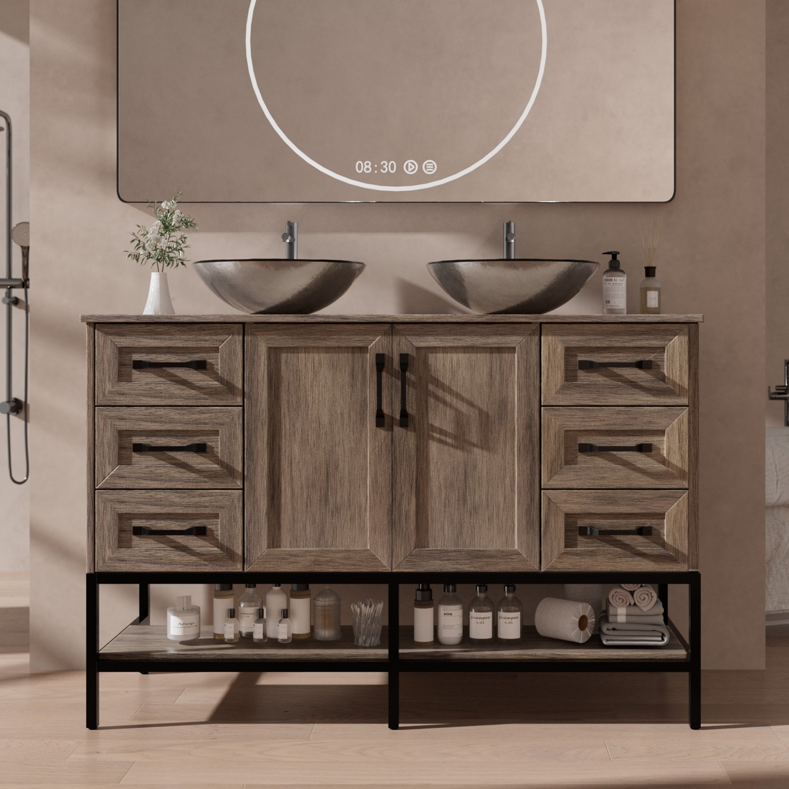 48 inch Vanity Bathroom Cabinet w/ Double Glass Vessel Sink Basin Bowl Combo Set