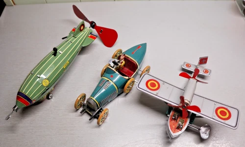 3 Clockwork, Tinplate Toys - Blimp, Car and Seaplane - GEJTES on Winder Keys