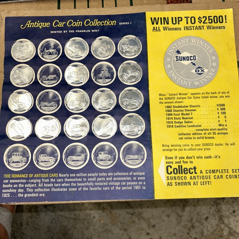 SUNOCO Set of 16 Antique Car Coins 1960s Series 1 Franklin Mint estate sale 