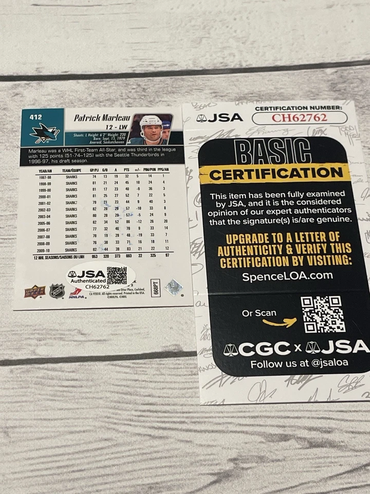 Tarjeta firmada por Patrick Marleau cubierta superior UD JSA CERTIFICADO DE AUTENTICIDAD IP automático SJ San Jose Sharks a Foto 2 de 3