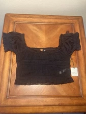Free People Fp One Cheri Top Smocked Cropped Black Off The Shoulder Blouse S NWT
